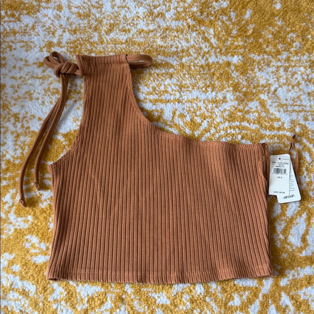 Aerie One-Shoulder Ribbed Crop Top in Brown